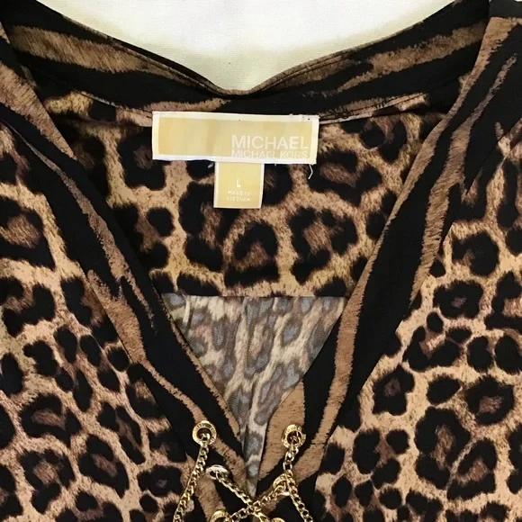 MICHAEL KORS WOMEN LEOPARD/ TIGER SHEATH LONG-SLEEVE DRESS SIZE L GOLD CHAIN - Picture 8 of 8